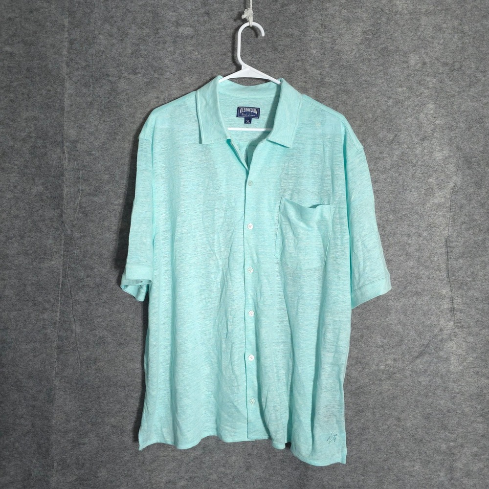 Vilebrequin Beach at Home Men XL Turquoise Linen Jersey Knit Button Down Shirt
